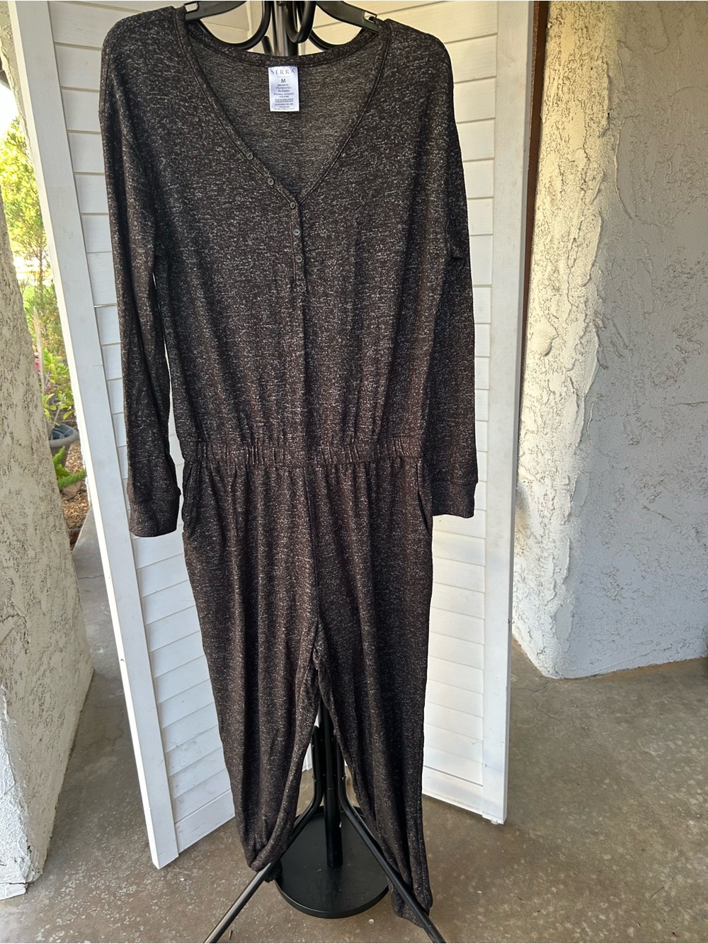 Cozy Dark Heathered Jumpsuit - Button V-Neck Romper